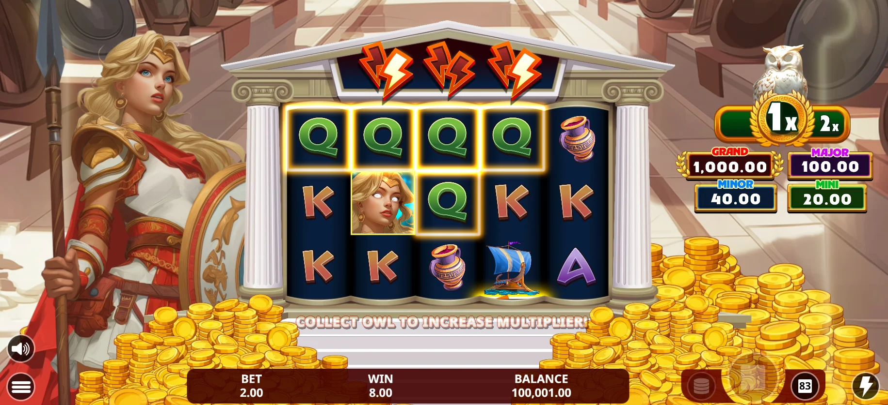 Law of Athena - pangunahing screen na may reels at betting interface
